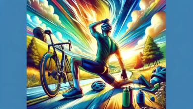 Cyclist stretching near their bicycle, preparing for a ride on a scenic path, symbolizing the journey ahead in a motivational and inspiring warm-up routine.