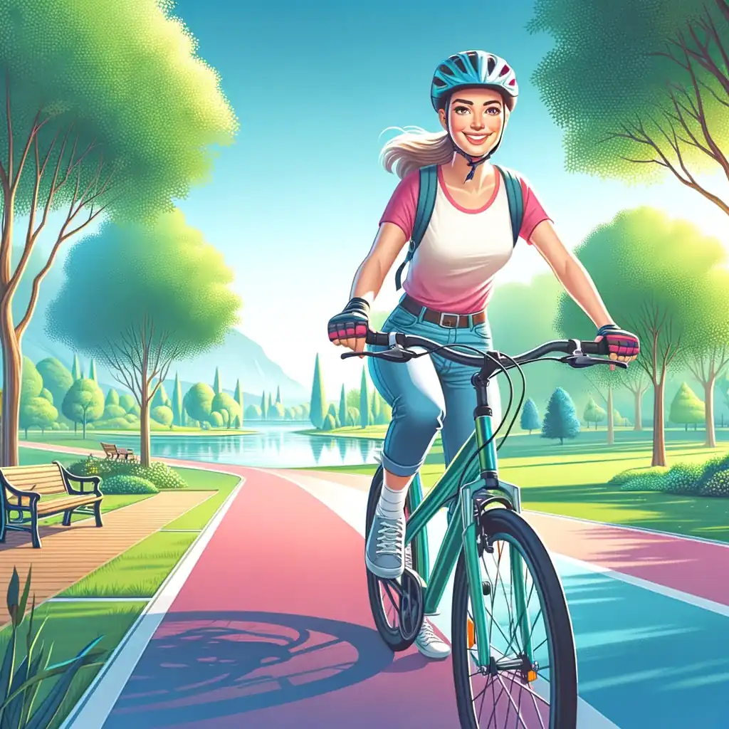Adult Caucasian woman joyfully learning to ride a bike in a scenic park, with lush greenery and a serene lake in the background, symbolizing freedom and accomplishment.