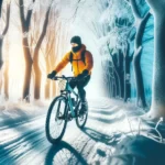 Cyclist in winter gear riding on a snowy path surrounded by snow-covered trees, symbolizing safe winter cycling.