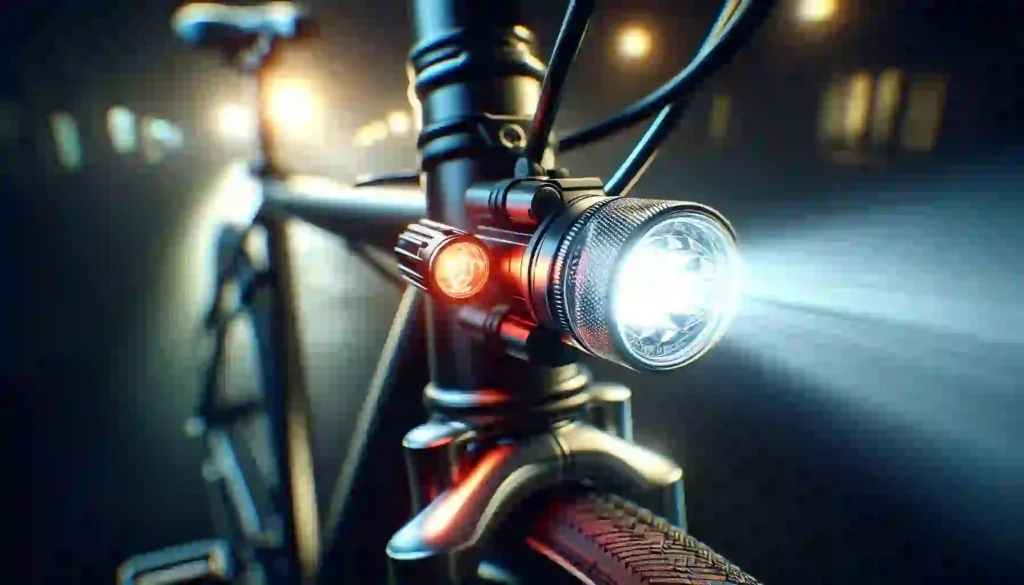 Close-up of bright bicycle lights, essential for night cycling safety